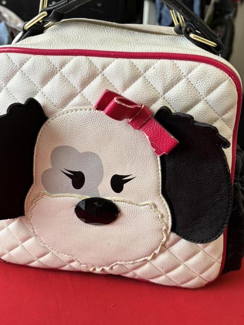Betsey Johnson Quilted Dog Face Satchel Bag with Red Trim